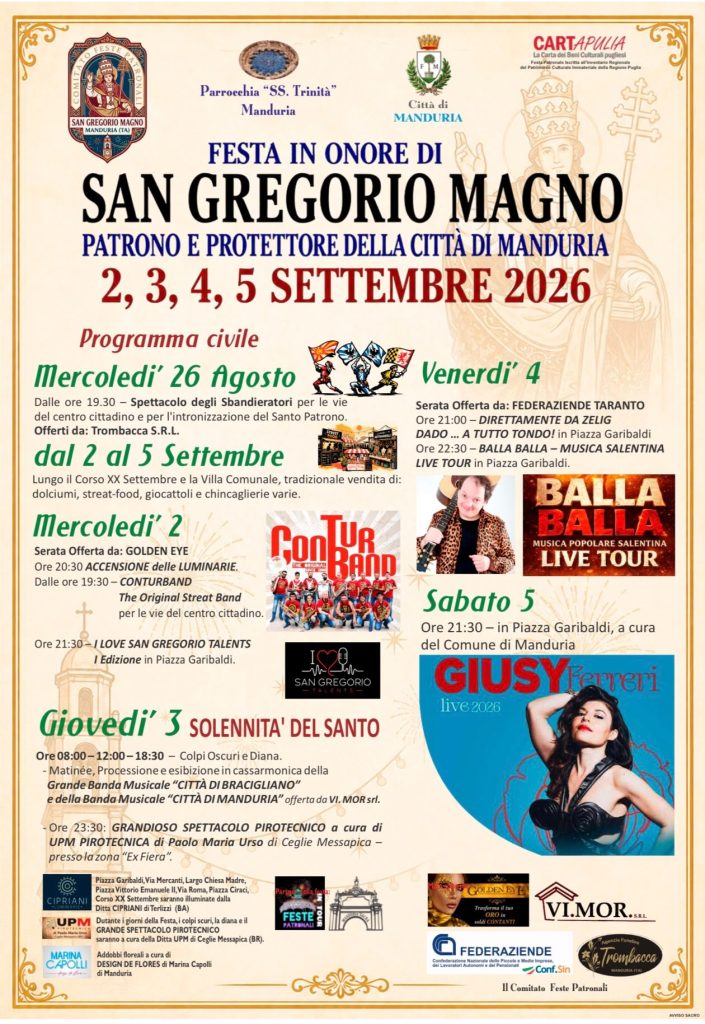 🎆Festa in onore di SAN GREGORIO MAGNO - Patrono e protettore della Città di Manduria